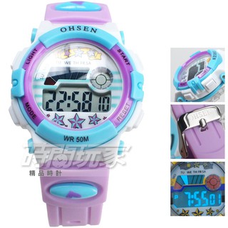 OHSEN 繽紛色彩 多功能計時碼錶 電子錶 女錶 手錶 防水手錶 夜光 O1603藍紫【時間玩家】