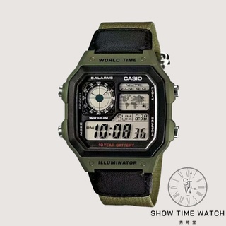 CASIO 卡西歐 經典 世界地圖 工裝 腕錶 帆布錶帶 - 綠色錶帶 AE-1200WHB-3B [ 秀時堂 ]