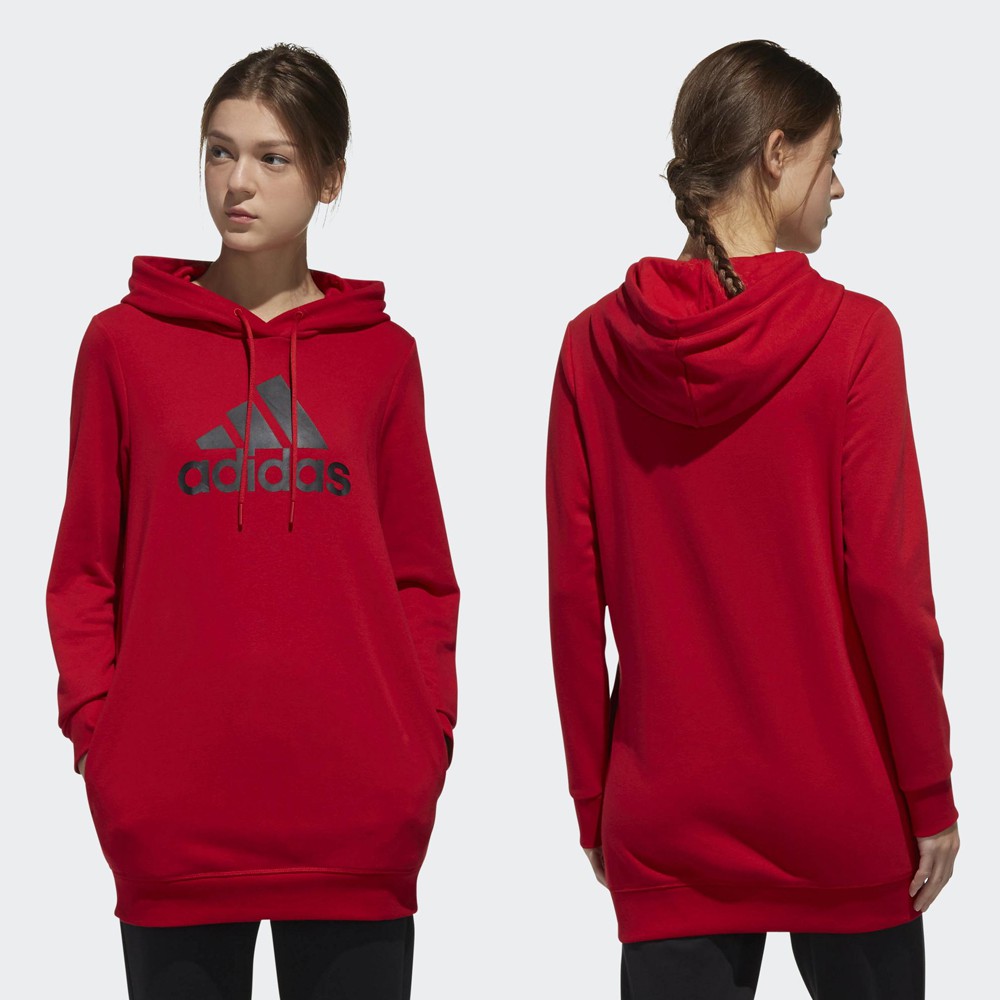 Adidas 黑/紅連帽T恤女款連身長版運動休閒棉質長袖帽衫基本款Logo | 蝦皮購物