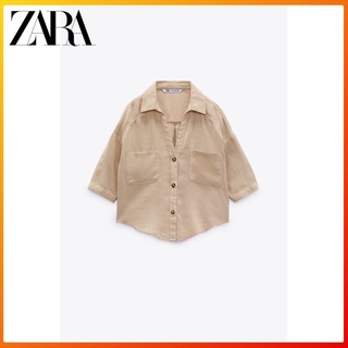 Zara 夏季新款女裝不對稱下擺短袖亞麻翻領襯衫批薩