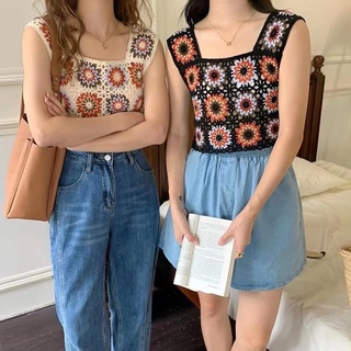 (時尚精選針織背心)民族風彩色格復古刺繡花鏤空小可愛背心女內搭顯瘦外穿短版背心 民族風手工鈎織編織短款小吊帶針織背心韓系