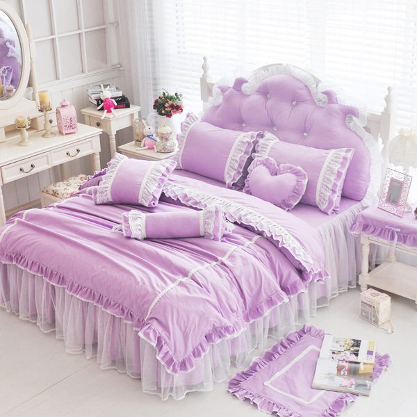 精梳純棉 雙人床罩組 自由女神 標準雙人 加大床罩 紫色 薄床罩組 入宅 結婚 精梳純棉 蕾絲床罩 公主風 床裙組