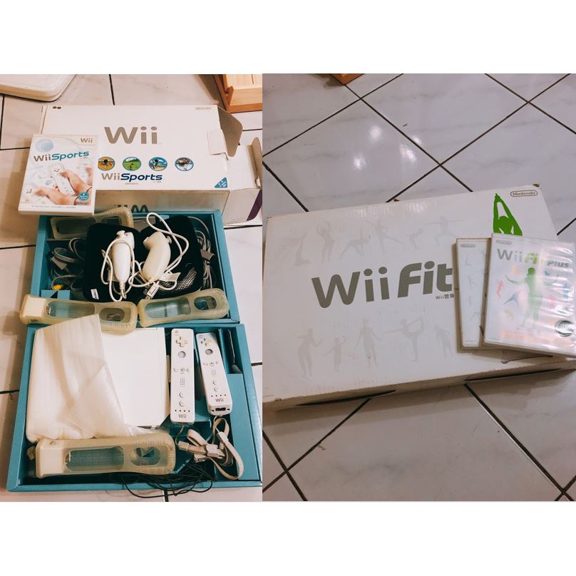 Wii完整主機+手把+Wii sport pack+Wii fit 平衡板+Wii fit 光碟+燒錄遊戲光碟 (二手)