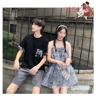 【COUPLE】💕💕情侶裝2022夏季玫瑰歐根紗女吊帶蓬蓬娃娃裙仙女連衣裙男T恤衫