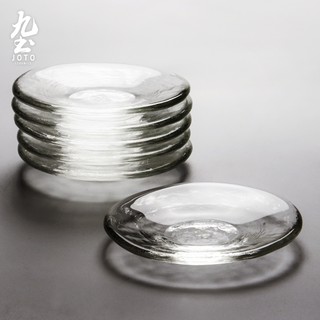 九土手工加厚圓形玻璃茶托造型玻璃杯託玻璃杯墊家用茶道配件日式杯墊功夫茶具六角形花瓣茶托太陽花磨砂條紋款杯墊PJR0033