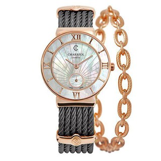 CHARRIOL夏利豪 ST30PI565010 玫瑰金太陽紋羅馬黑鋼索腕錶 / 珍珠母貝面 30mm