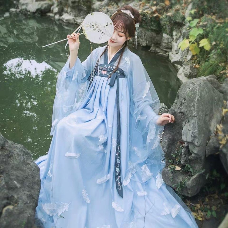 初懂漢服 七月羽夢藍羽漢服女春夏款學生古裝齊胸襦裙長款仙女中國風流仙裙 蝦皮購物 Line購物