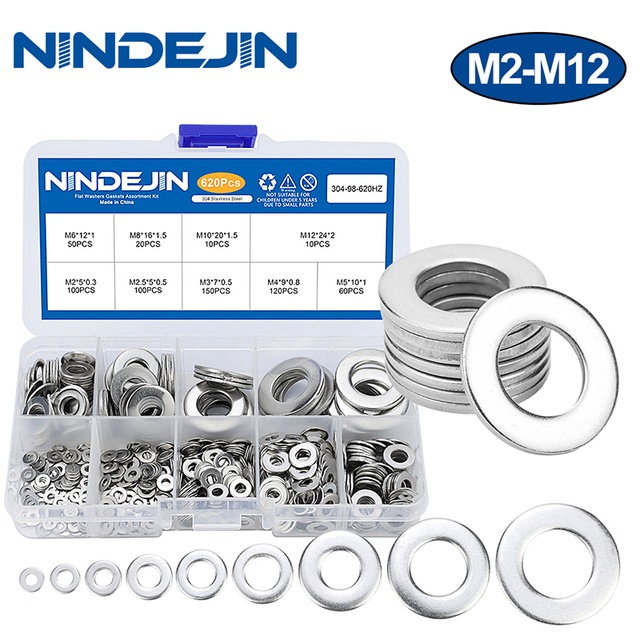 NINDEJIN 620-1010個 304不鏽鋼平墊片盒裝平墊圈螺絲墊片金屬圓形環型平墊片介子 M2-M12