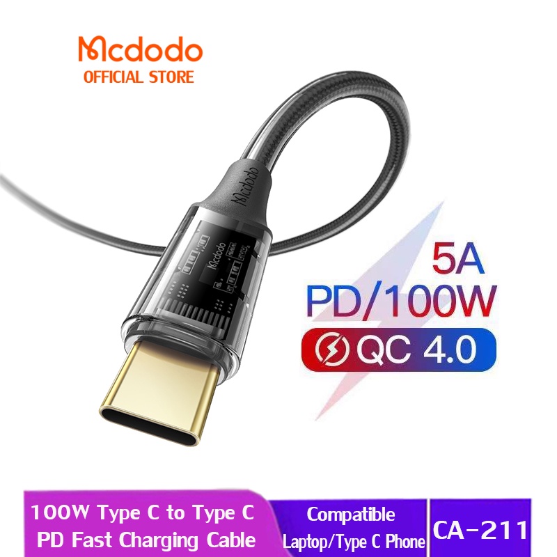 Mcdodo 透明 PD 100W C 型到 C 型 QC 4.0 快速充電 5A C 型電纜, 用於筆記本電腦手機 C