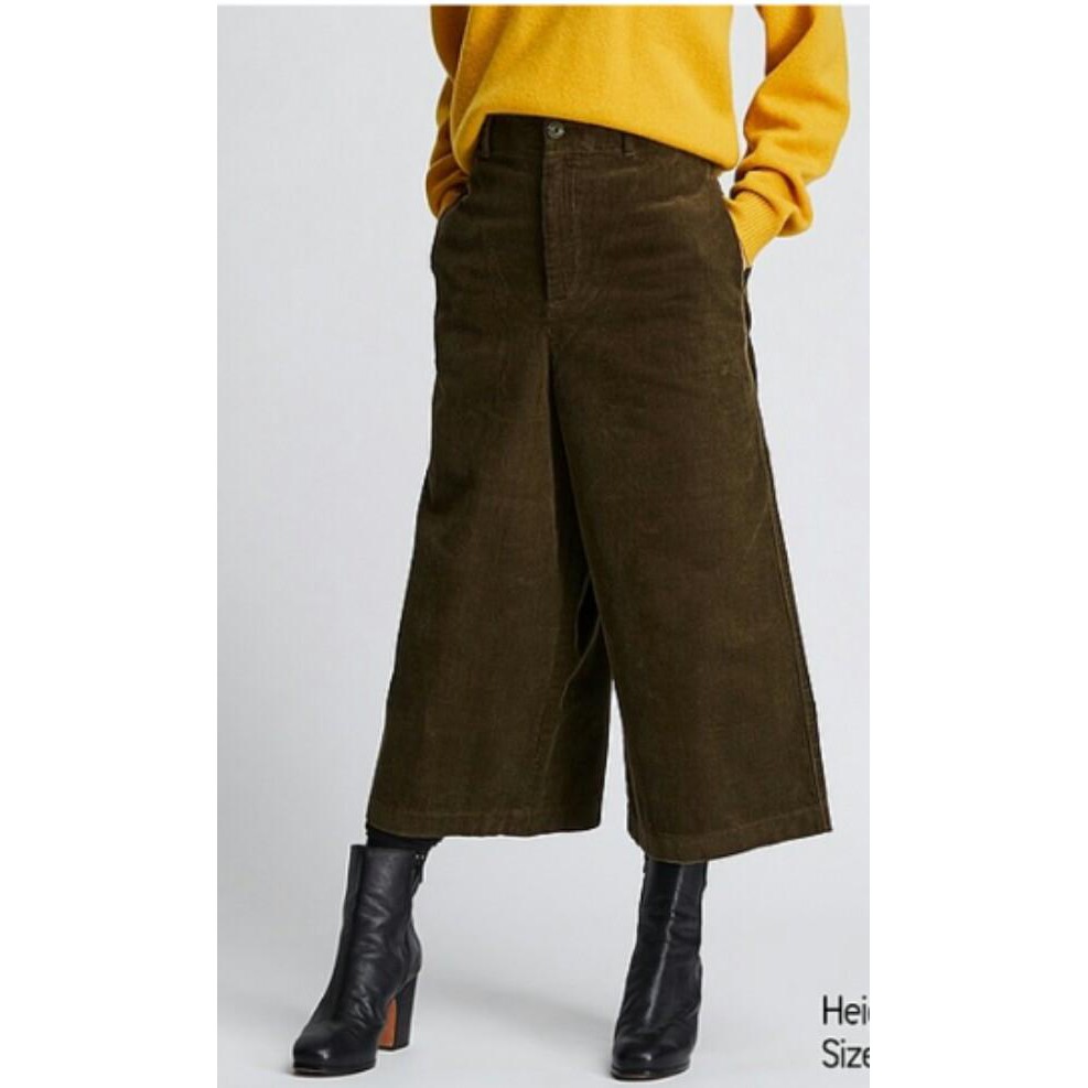 Uniqlo 燈芯絨7分高腰寬褲軍綠色 蝦皮購物