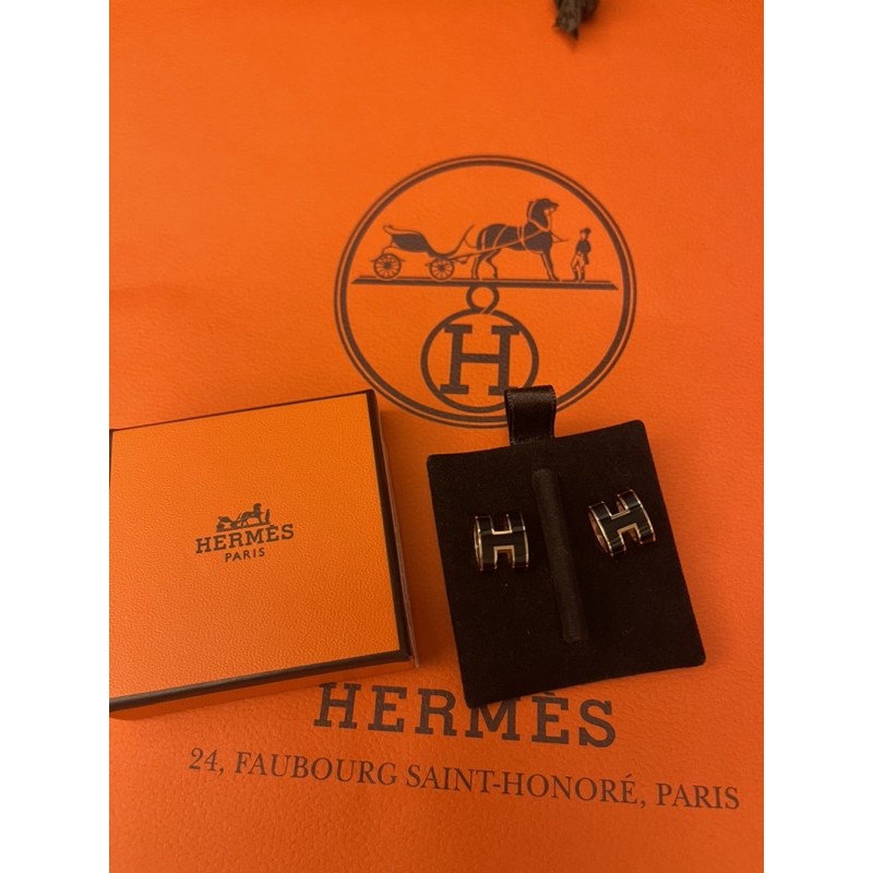 《全新正品》Hermes 愛馬仕經典Pop H立體簍空橢圓LOGO耳環 耳針~黑&amp;玫瑰金