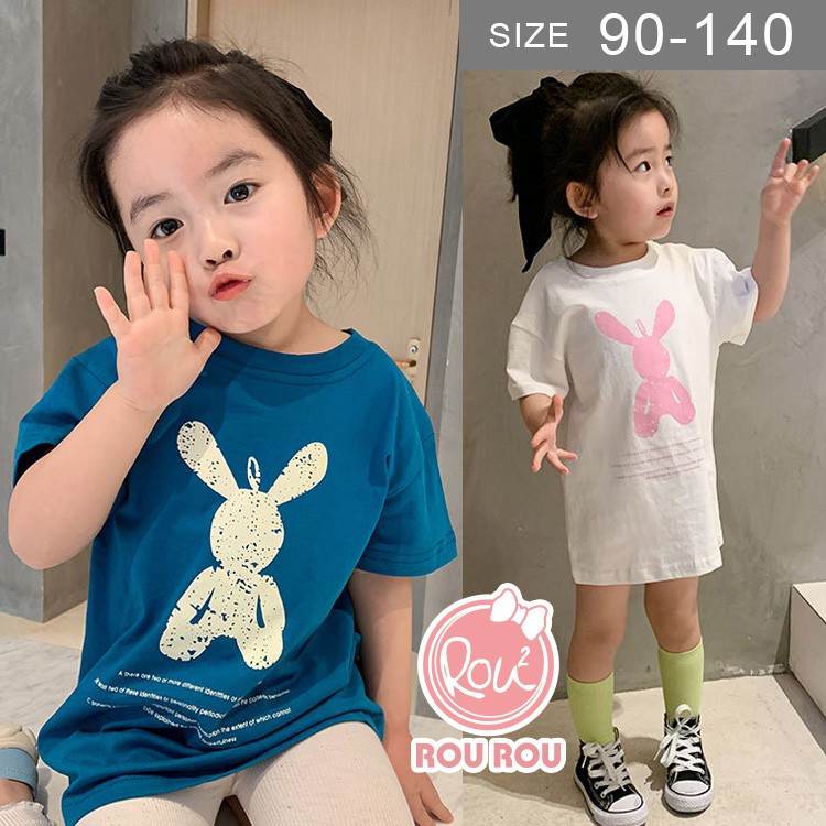 現貨 韓版女童短袖T恤洋裝。夏女童中小童90%棉兔子印花長版短袖T恤 洋裝 0221-513。鹿拉拉 LU-LALA