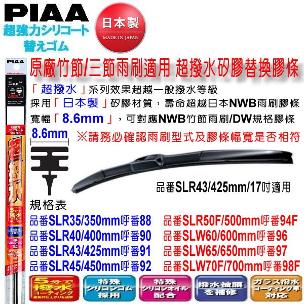 和霆車部品中和館—日本PIAA 超撥水 原廠竹節/三節式雨刷撥水矽膠替換膠條 寬幅8.6mm SLR43 17吋