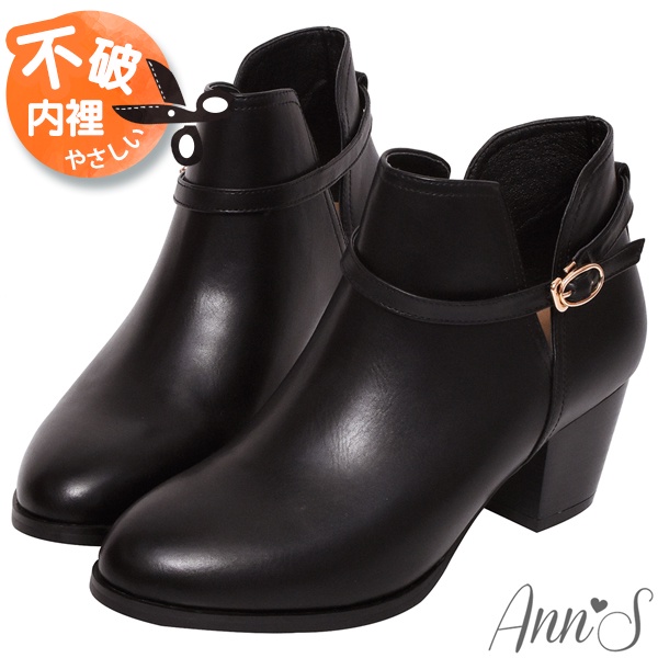Ann’S美的有意義-顯瘦V口扣帶可拆兩穿粗跟短靴6cm-黑