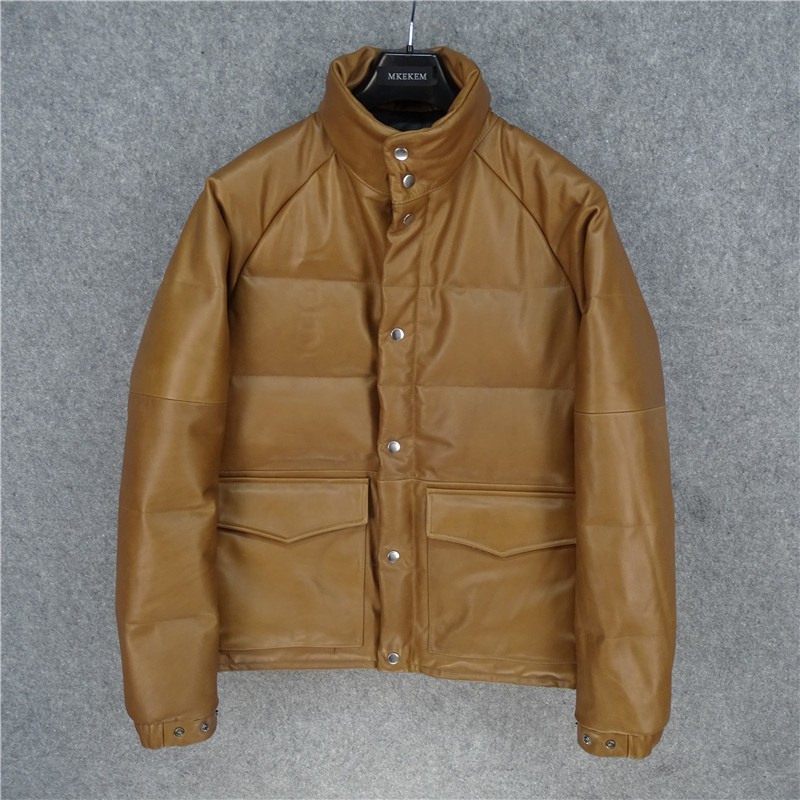 日本品牌經典款木村拓哉真皮小牛皮黃棕色厚實保暖防寒麵包服羽絨外套羽絨服皮衣皮夾克潮流明星款日牌陳冠希ape日單余文樂