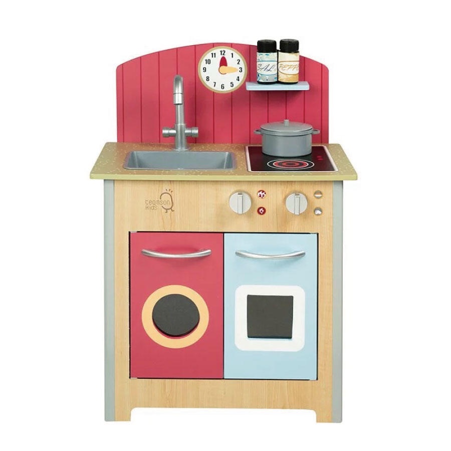 Teamson小廚師波爾多木製家家酒玩具小廚房-木紋/紅色 玩具反斗城
