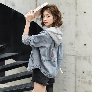 短款牛仔外套女春秋寬鬆大碼帶帽拼接休閒百搭上衣