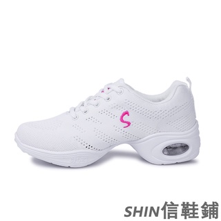 韓版網面舞蹈鞋女 正韓透氣休閒鞋女 百搭增高女鞋 軟彈好穿厚底鞋 久站不累廣場舞鞋 學院風舒適飛織跳舞鞋