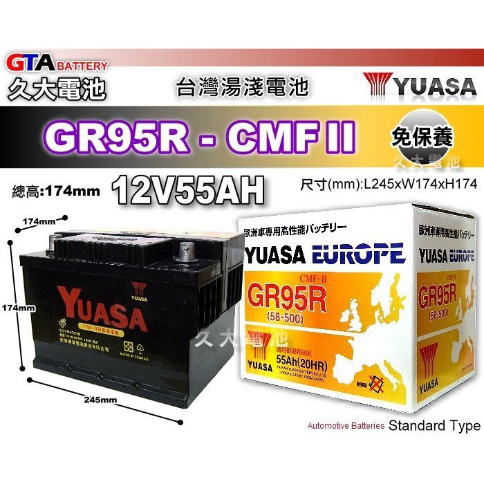 ✚久大電池❚ YUASA 湯淺電池 GR95R 免保養 歐洲車 汽車電瓶 58-500 58-530 GT55DR 適用