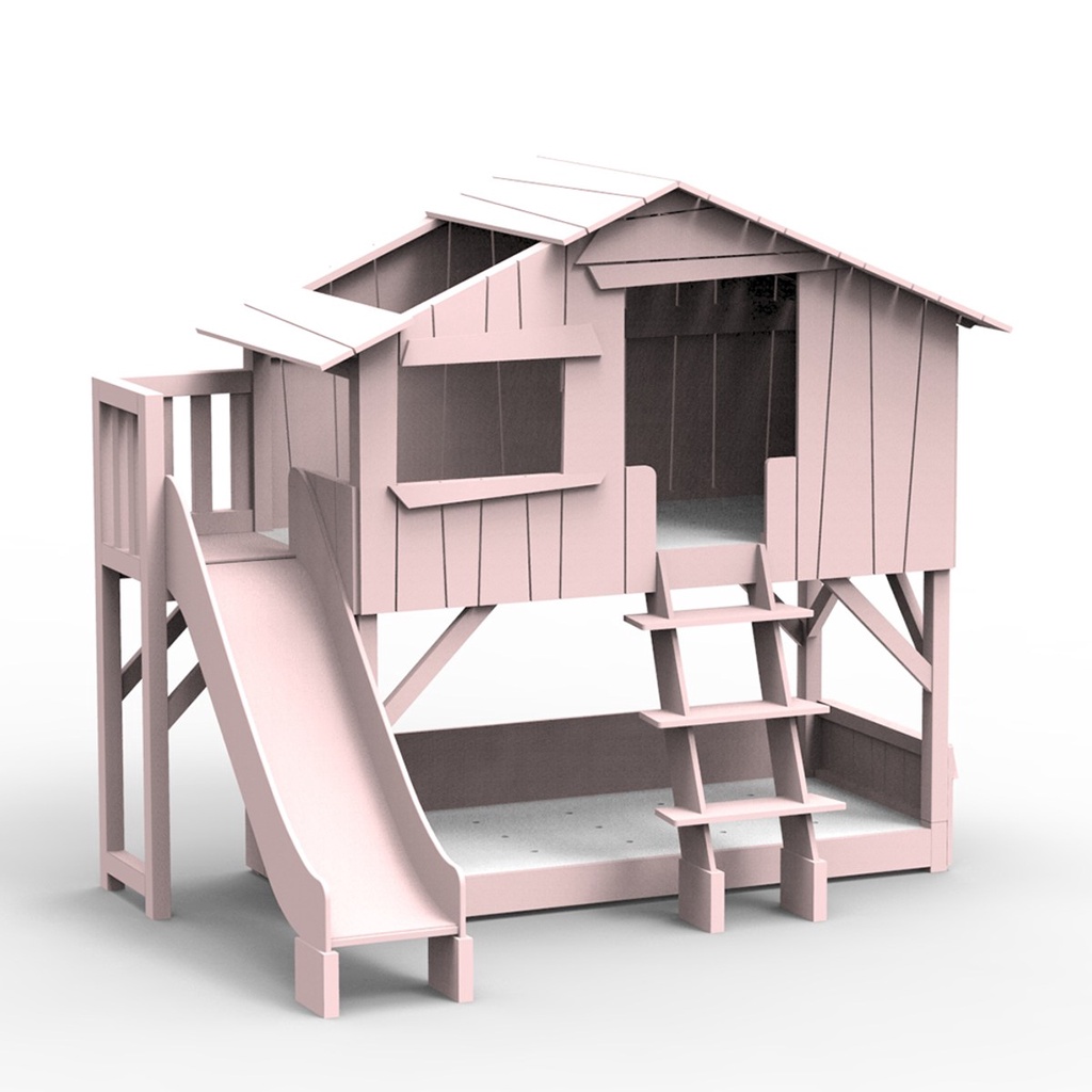 hoi! 比利時 Mathy by Bols 樹屋雙層兒童床附滑梯及平台 90x190-粉色/含安裝運送
