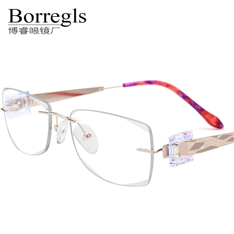 無框鑲鉆鉆石切邊光學眼鏡架女士線純鈦IP電鍍眼鏡框可配近視片博睿眼鏡Borregls