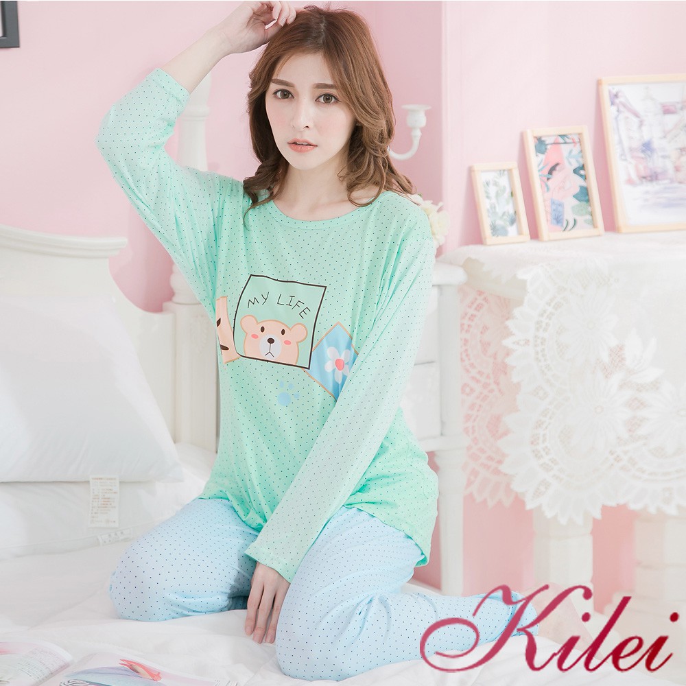 【Kilei】女生睡衣 睡衣套裝 家居服 點點腳印熊熊牛奶絲長袖二件式睡衣組XA3565(輕透藍綠色)全尺碼