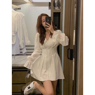 SLEEP-法式初戀桔梗裙復古超仙連衣裙V領小個子溫柔chic仙女裙襯衫裙女
