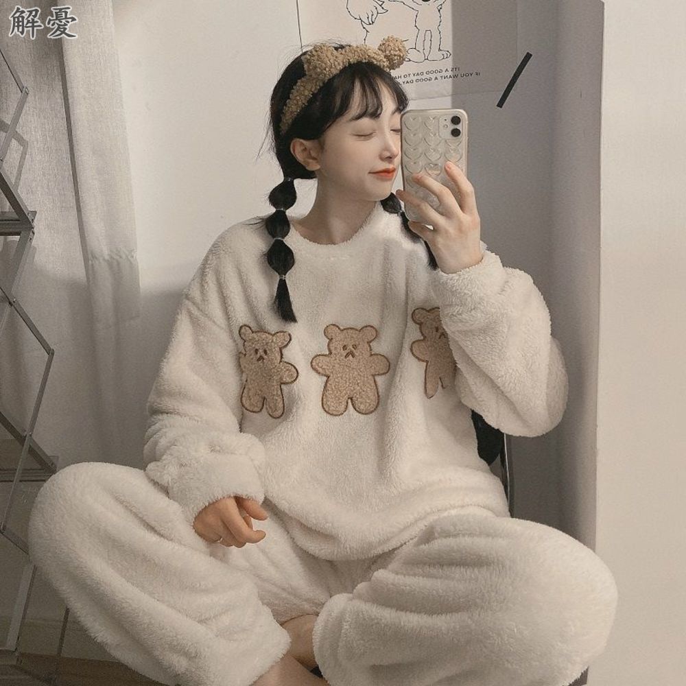 睡衣女 秋冬季保暖家居服套裝女冬加厚新款韓版可愛ins毛絨絨睡衣兩件套 蝦皮購物