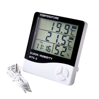 【米納桑】HTC-2 室內外電子溫濕度計 三層螢幕顯示 雙溫度 溫度計 濕度計 帶探頭 家用溫度計 時間萬年曆鬧鐘溫度