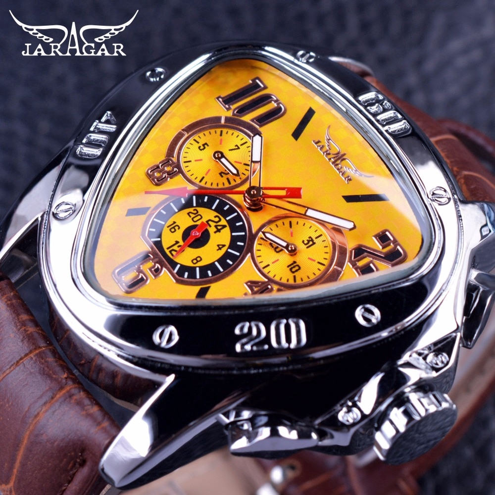 Jaragar 運動時尚設計幾何三角錶殼棕色皮革錶帶 3 錶盤男士自動手錶
