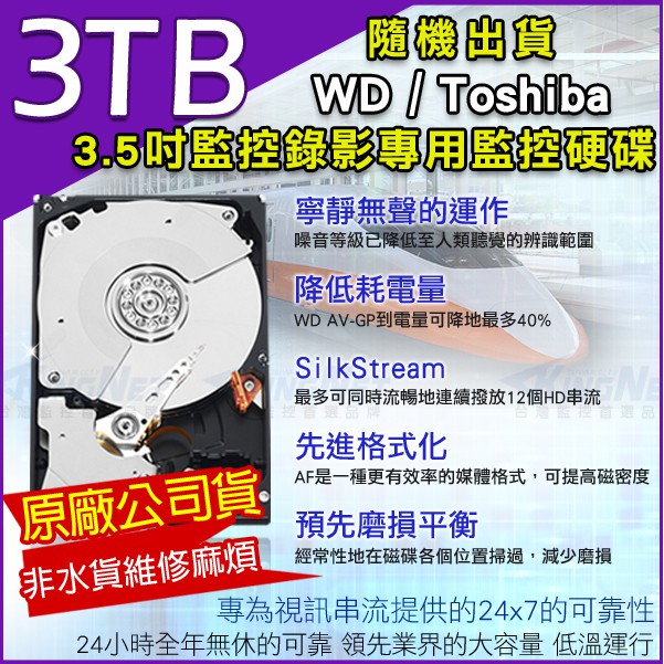 Z【無名】加購 WD Toshiba 紫標 監視器硬碟 監控專用 3T 3TB 3.5吋 SATA NVR DVR