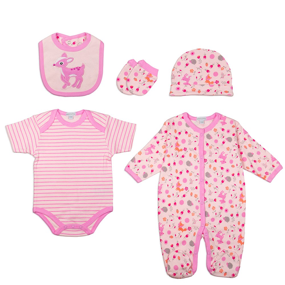 Mother's Choice 100％純棉嬰兒連體衣連指手套連帽帽子圍兜禮盒5件裝