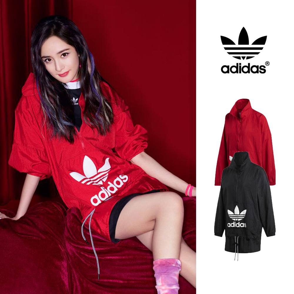 Adidas Originals 黑/紅 外套 女款 楊冪 尼龍 寬鬆 復古 長袖 長版 防風 連身 衝鋒衣 Logo