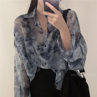 蔓莎💞2025韓國chic設計感超仙扎染長袖襯衫夏天韓版百搭寬松防曬襯衫 女生衣著