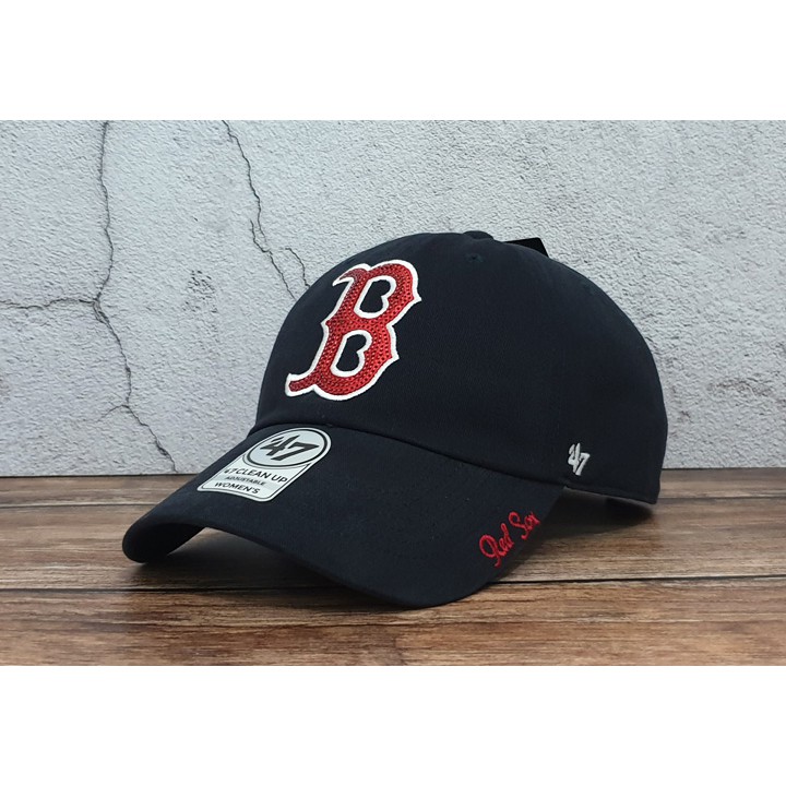 蝦拼殿 47brand MLB波士頓紅襪隊大B亮片款LOGO復古布料老帽黑色  女款老帽棒球帽