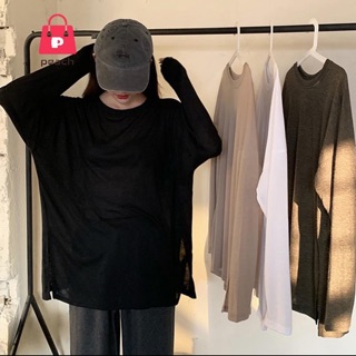 中長款薄款長袖T恤女2019秋季新款韓版寬松百搭純色開叉圓領上衣 女生衣著 寬鬆T恤