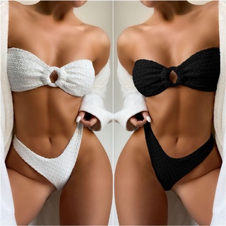 溫泉比基尼歐美性感編織材料小可愛白色黑色兩件式Bikini泳衣