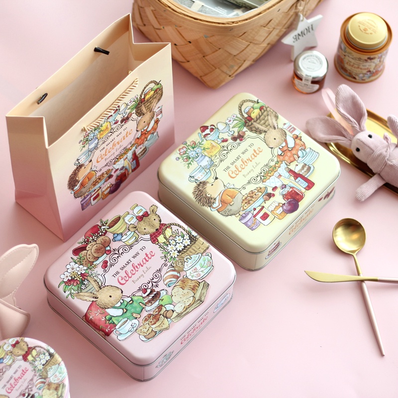 【現貨】【馬口鐵盒】Bunny Lulu正方形曲奇餅乾糖盒子 雪花酥盒 禮品包裝盒 空盒 馬口鐵盒