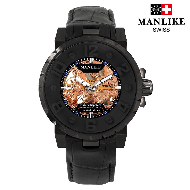 【曼莉萊克 MANLIKE】M71632 藍寶石玫瑰金鏤空雕刻限量機械腕錶