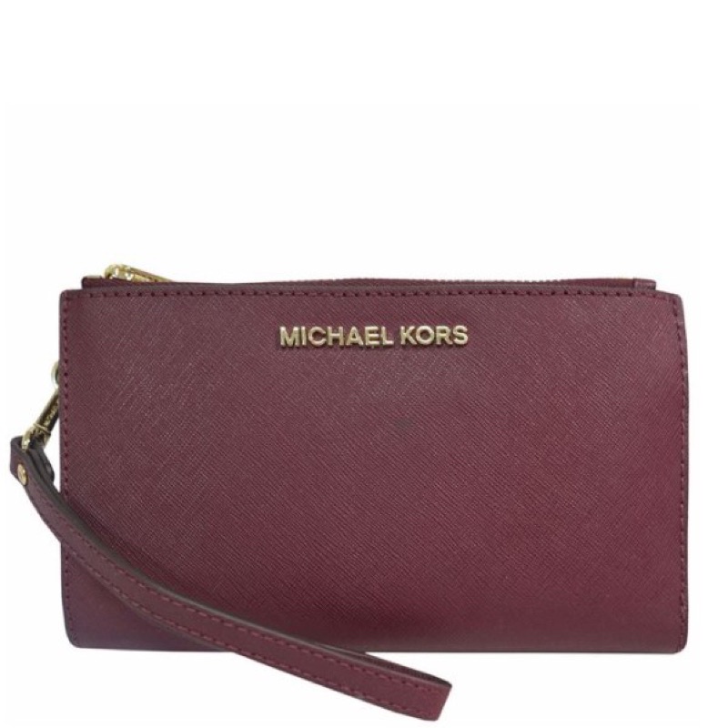 全新100%正品 MICHAEL KORS/MK 經典金屬金色 立體字logo 防刮皮革 扣式手挽帶 酒紅色 雙層中長夾