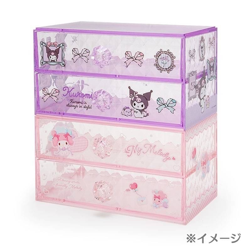 日本正版.kitty美樂蒂 大耳狗 雙子星 酷洛米閃亮透明雙層收納盒 桌上抽屜櫃 飾品盒 收納整理盒