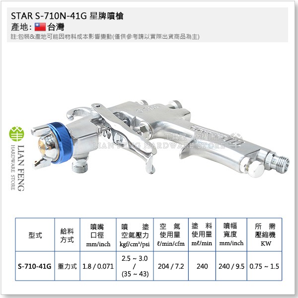 【工具屋】*含稅* STAR S-710N-41G 噴嘴1.8mm 6孔 星牌噴槍 附漆杯 輕量高霧化 重力式 汽車烤漆