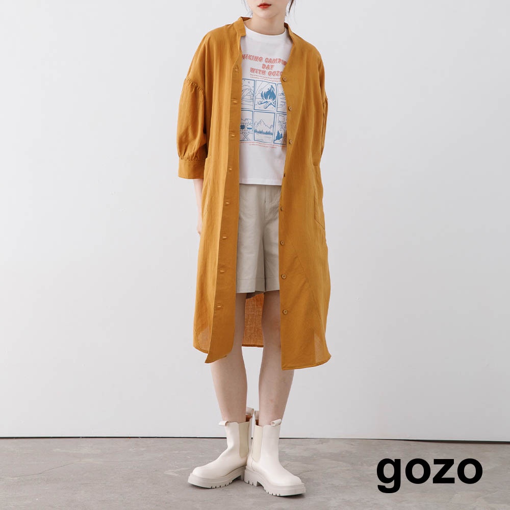 【gozo】➤小澎袖開襟襯衫洋裝(黃色_F)｜女裝 百搭 休閒