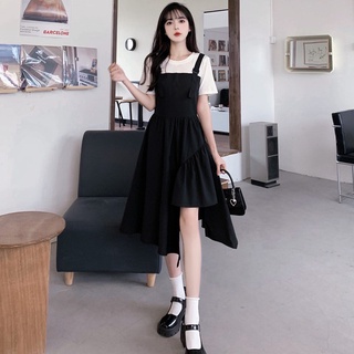 愛依依 大碼洋裝 連身裙 M-4XL新款不規則設計感黑白拼接假兩件夏新款撞色顯瘦裙子2F046-5662.