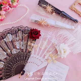 現貨+預購*日系華麗婚紗宮廷印花微透金色蕾絲羽毛 扇子 禮服 lolita 歌德 暗黑 黑色 白色 旗袍 禮服 摺扇
