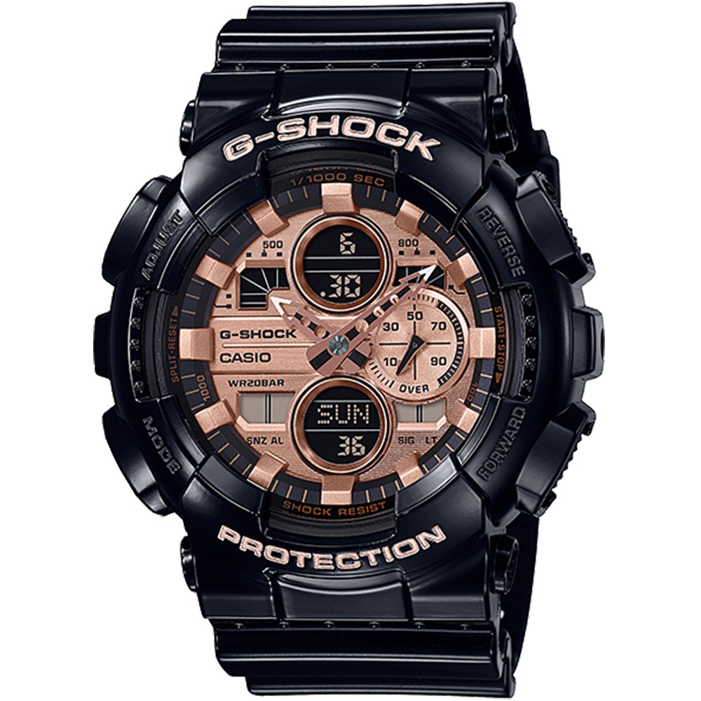 【CASIO】卡西歐 G-SHOCK 雙顯運動錶-黑 X 玫瑰金 GA-140GB-1A2 台灣卡西歐保固一年