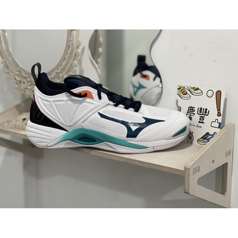 大罐體育👟美津濃 MIZUNO 排球鞋 WAVE MOMENTUM 2 V1GA211236 白綠 深藍