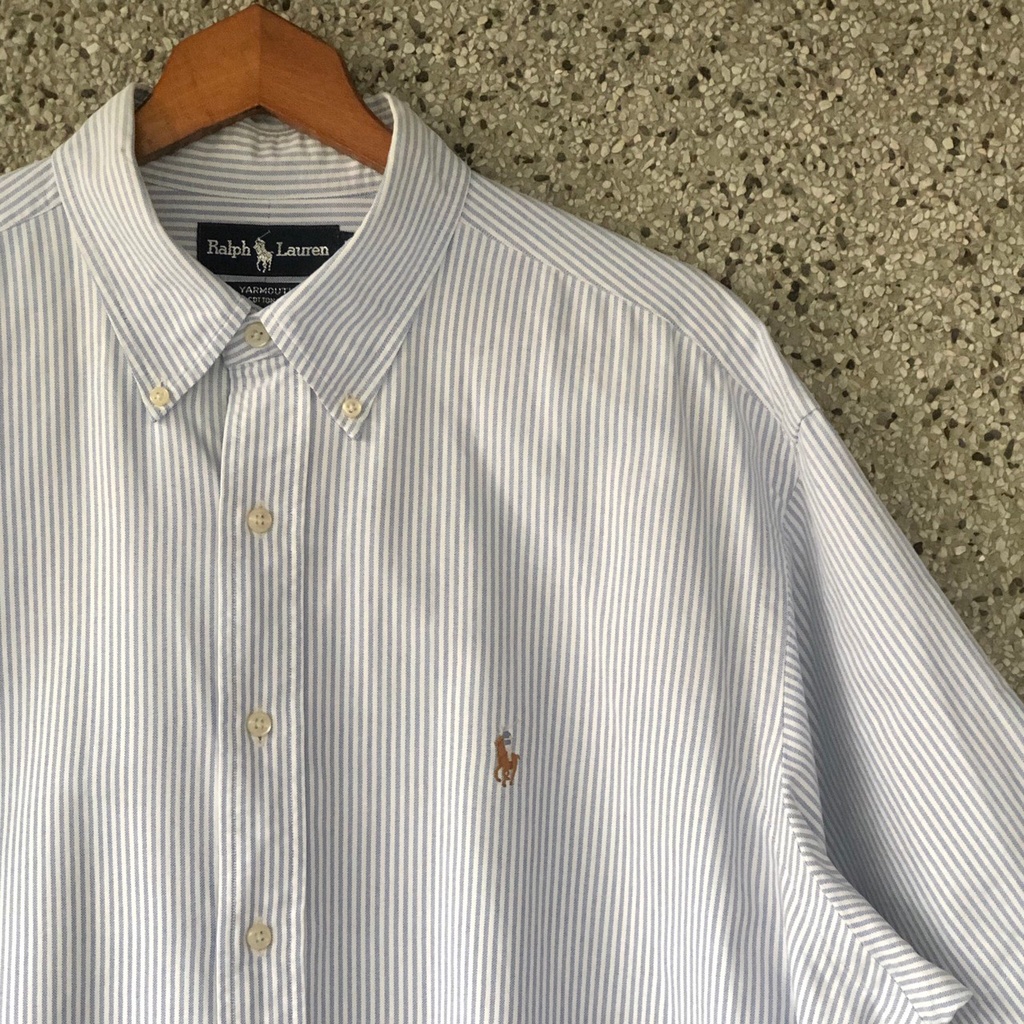 [Oldman Vintage] Polo Ralph Lauren 藍白條紋 彩色標 馬球 古著襯衫 約XXL P99