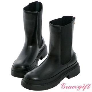 Grace gift X Wei 聯名真皮後拉鍊厚底切爾西中靴 黑 中靴 靴子 靴 厚底 真皮 boots 鞋 送 髮圈