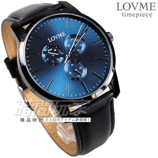 LOVME 三眼多功能錶 VL0016M-33-L21 藍寶石抗磨水晶玻璃 藍面 黑色真皮錶帶 男錶【時間玩家】